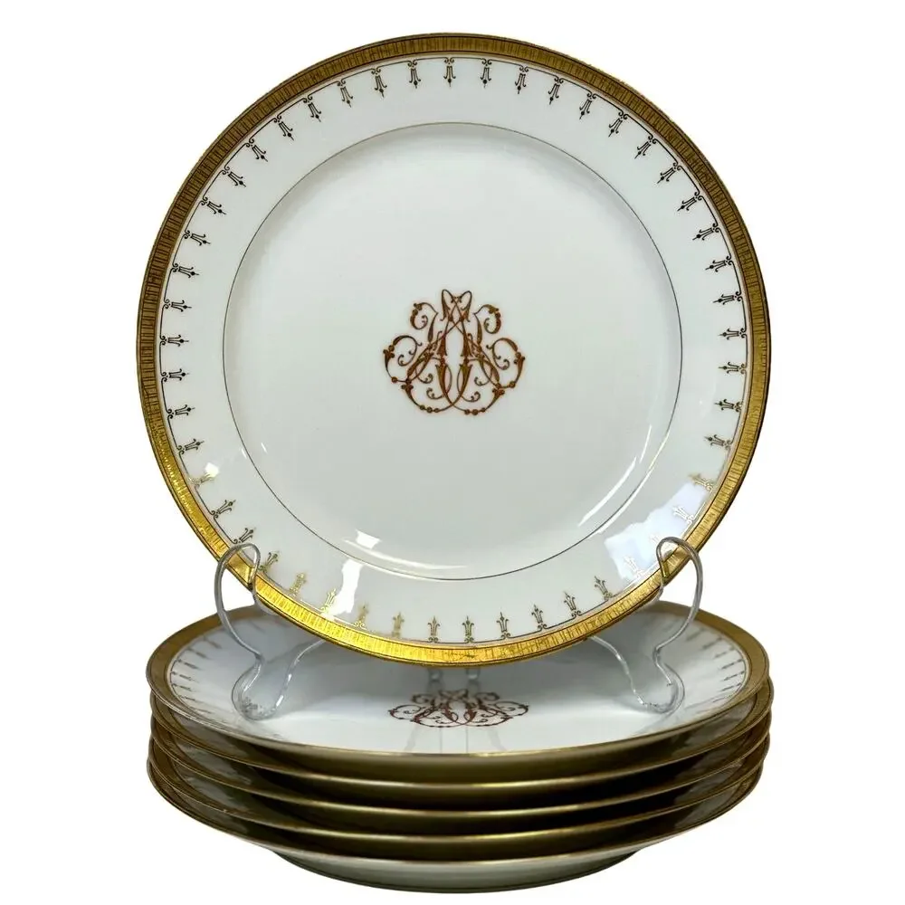 Antique Limoges Mid-1800's Porcelain Plates Elegant Gilded Design-Stunning Set 6